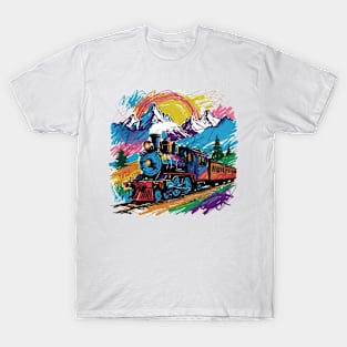 Steam train, locomotive colorful painting style design T-Shirt